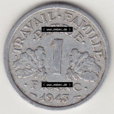 Münzen Frankreich Eurovorläufer, Umlaufmünze vor Euroeinführung 1942-1944, 1 Franken - Francs 1943 (Stück 2). Rückseite... Sammlung
