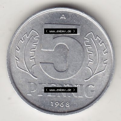 Münzen Deutschland DDR 1968-1990, A 5 Pfennig 1968-5. Rückseite einer Münze aus der ehemaligen DDR in Europa als Digitales Bild / Bildmaterial zum Herunterladen für... Sammlung