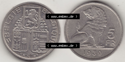 Alte Münzen KMS Belgien, Kursmünzensatz - Zusammenstellung 1938-1940, mit Münze 1938-1939, 5 Franken, FR, Francs, BELGIE -... Sammlung