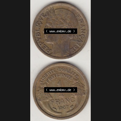 Münzen Frankreich Eurovorläufer, Umlaufmünze vor Euroeinführung 1931-1941, 1 Franken, 1 Franc, 1937-1 LIBERTE EGALITE FRATERNITE. Rückseite und Vorderseite... Sammlung