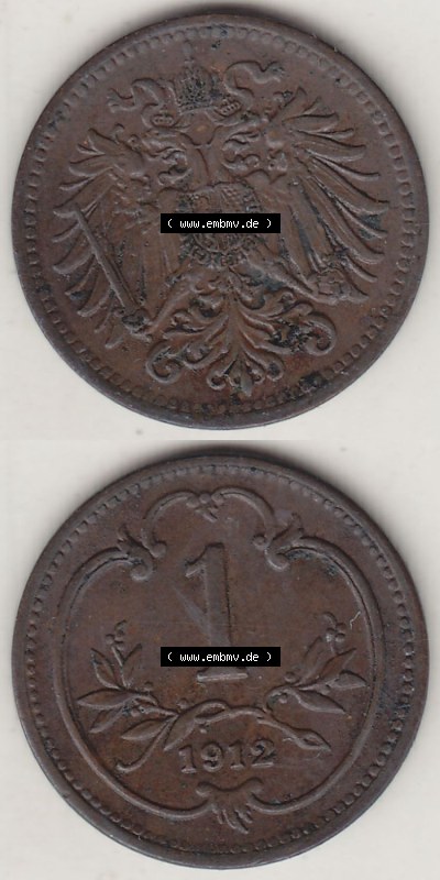 Münzen Österreich / Austria Eurovorläufer, Umlaufmünze vor Euroeinführung 1892-1916, 1 Heller 1912 (4) Sammlung