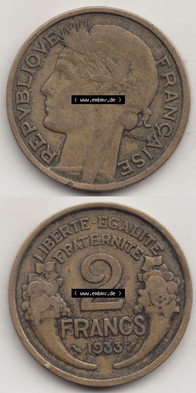 Münzen Frankreich Eurovorläufer, Umlaufmünze vor Euroeinführung 1931-1941, 2 Franken 1933 (Stück 1) LIBERTE EGALITE FRATERNITE.... Sammlung
