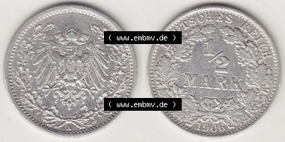 Münzen Deutschland 1871-1918 Kaiserreich Silbermünze 1905-1919, 1/2 Mark A 1906. Vorderseite und Rückseite Nebeneinander einer... Sammlung