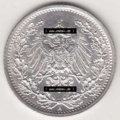 Münzen Deutschland 1871-1918 Kaiserreich Silbermünze 1905-1919, 1/2 Mark A 1916. Vorderseite einer Münze aus dem deutschen Kaiserreich in Europa als Digitales Bild /... Sammlung