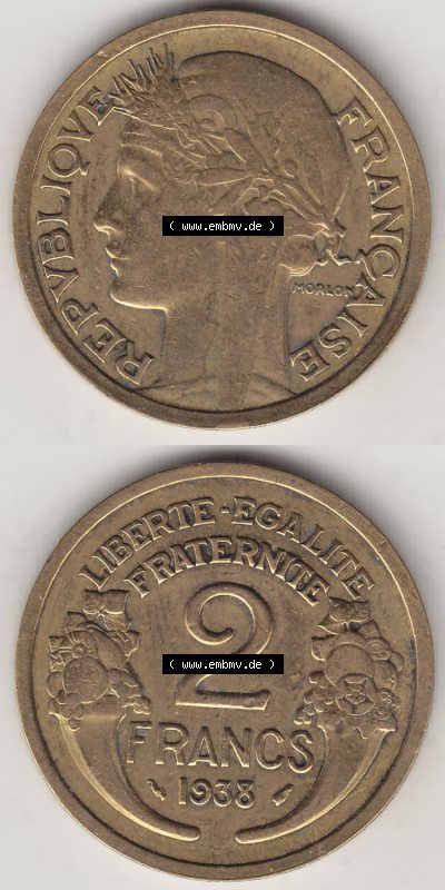 Münzen Frankreich Eurovorläufer, Umlaufmünze vor Euroeinführung 1931-1941, 2 Franken 1938 (Stück 1) LIBERTE EGALITE FRATERNITE.... Sammlung