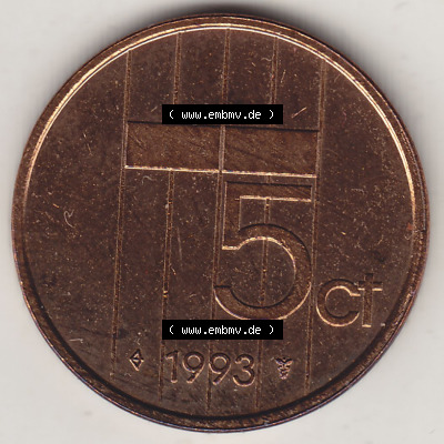 Münzen Niederlande / Netherlands Eurovorläufer, Umlaufmünze vor Euroeinführung 1982-2001, 5 Ct Cent 1993 Königin Beatrix... Sammlung