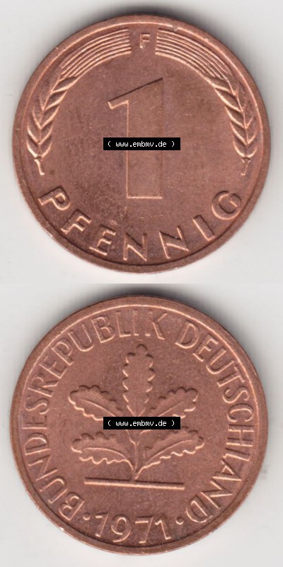 Münzen Deutschland 1 Pfennig-Deutsche Mark 1950-2001, 1 Pfennig 1971 F. Rückseite und Vorderseite in vertikaler Ansicht für... Sammlung