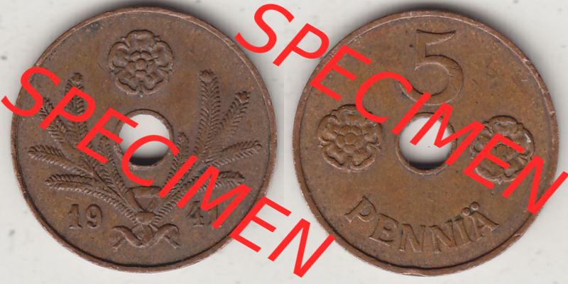 Alte Münzen Finnland, inoffizieller privater Kursmünzensatz / KMS - Zusammenstellung, mit Münze 1941-1943, 5 Penny, Penniä, Kupfer 1941-1. Rückseite... Sammlung