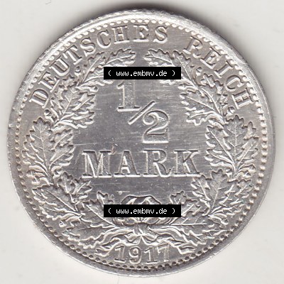 Münzen Deutschland 1871-1918 Kaiserreich Silbermünze 1905-1919, 1/2 Mark A 1917. Rückseite einer Münze aus dem Deutschen Kaiserreich... Sammlung