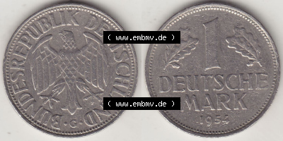BRD Münzen 1 DM, Umlaufmünze 1950-2001, 1 DM Deutsche Mark, 1954 G-5. Vorderseite und Rückseite der Münze aus Deutschland Sammlung