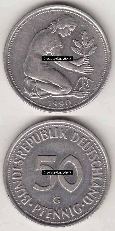 Münzen Deutschland 50 Pfennig der Deutschen Mark 1950-2001, 50 Pfennig 1990 G-1 (4) Sammlung