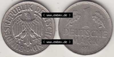 BRD Münzen 1 DM, Umlaufmünze 1950-2001, 1 DM Deutsche Mark, 1971 D-1. Vorderseite und Rückseite der Münze aus Deutschland Sammlung