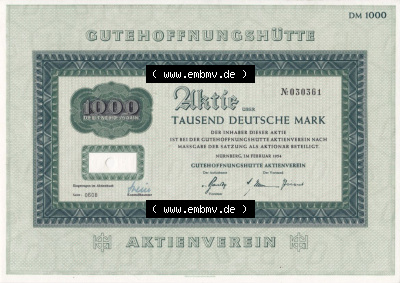Alte Wertpapiere Bundesrepublik Deutschland in Deutsche Mark 1954, 1000 Deutsche Mark DM, Aktie Gutehoffnungshütte, Tausend DEutsche... Sammlung
