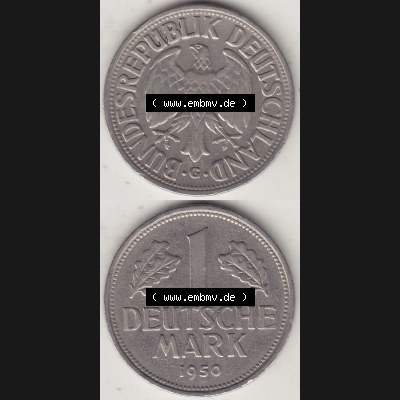 BRD Münzen 1 DM, Umlaufmünze 1950-2001, 1 DM Deutsche Mark, 1950 G-1. Vorderseite und Rückseite auf einen digitalen Bild / Foto der Münze aus Deutschland,... Sammlung