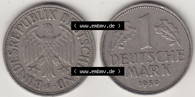 BRD Münzen 1 DM, Umlaufmünze 1950-2001, 1 DM Deutsche Mark, 1950 F-7. Vorderseite und Rückseite der Münze aus Deutschland Sammlung
