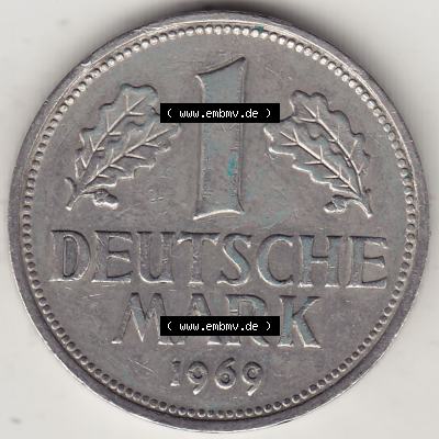 BRD Münzen 1 DM, Umlaufmünze 1950-2001, 1 DM Deutsche Mark, 1969 D-1. Rückseite der Münze aus Deutschland Sammlung