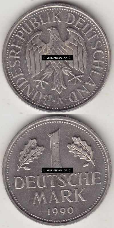 BRD Münzen 1 DM, Umlaufmünze 1990-2001, 1 Deutsche Mark 1990 A-2 (4) Sammlung