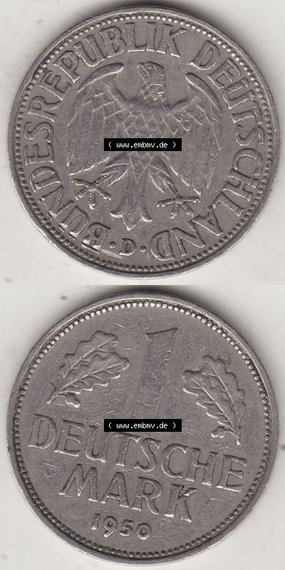 BRD Münzen 1 DM, Umlaufmünze 1950-2001, 1 DM Deutsche Mark, 1950 D-2. Vorderseite und Rückseite auf einen digitalen Bild /... Sammlung