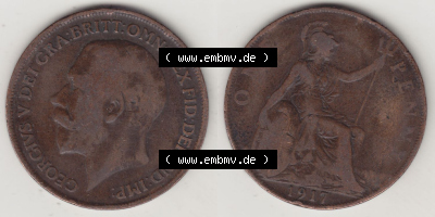Alte Münzen Großbritannien Eurovorläufer, Umlaufmünze vor Euroeinführung 1911-1926, 1 Penny, One Penny, 1917 (Stück 1),... Sammlung