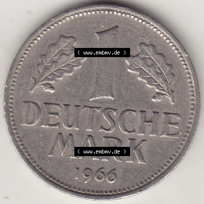 BRD Münzen 1 DM, Umlaufmünze 1950-2001, 1 DM Deutsche Mark, 1966 F-1. Rückseite der Münze aus Deutschland Sammlung