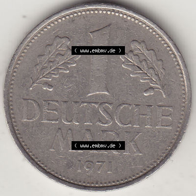 BRD Münzen 1 DM, Umlaufmünze 1950-2001, 1 DM Deutsche Mark, 1971 J-1. Rückseite der Münze aus Deutschland Sammlung