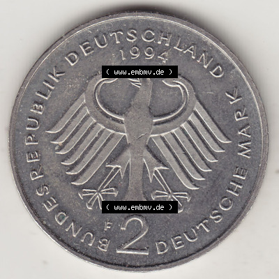 BRD Münzen 2 DM Gedenkmünze 1990-2001, 2 DM, Deutsche Mark Franz Josef Strauß 1994 F-1. Vorderseite der Münze aus Deutschland Sammlung