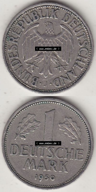 BRD Münzen 1 DM, Umlaufmünze 1950-2001, 1 DM Deutsche Mark, 1950 J-1. Vorderseite und Rückseite auf einen digitalen Bild /... Sammlung