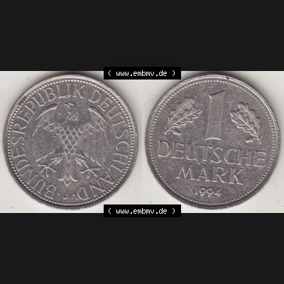 BRD Münzen 1 DM, Umlaufmünze 1950-2001, 1 DM Deutsche Mark, 1994 J-2. Vorderseite und Rückseite der Münze aus Deutschland Sammlung