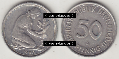 Münzen Deutschland 50 Pfennig der Deutschen Mark 1990-2001, 50 Pfennig 1990 A-1 (3) Sammlung