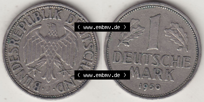 BRD Münzen 1 DM, Umlaufmünze 1950-2001, 1 DM Deutsche Mark, 1950 J-1. Vorderseite und Rückseite der Münze aus Deutschland Sammlung