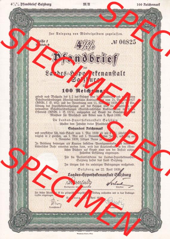Alte Wertpapiere Österreich im Deutschen Reich 1939, Reihe 1, Buchstabe D, 4.5 Prozent Pfandbrief, Zur Anlegung von Mündelgeldern zugelassen, Landes-Hypothekenanstalt... Sammlung