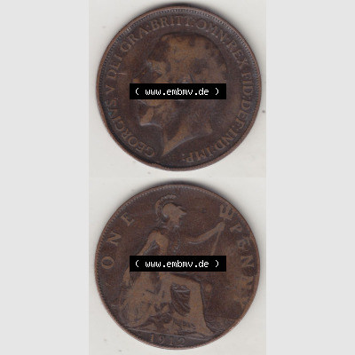 Alte Münzen Großbritannien Eurovorläufer, Umlaufmünze vor Euroeinführung 1911-1926, 1 Penny, One Penny, 1912-1, B.M. GEORGIVS V DEI... Sammlung