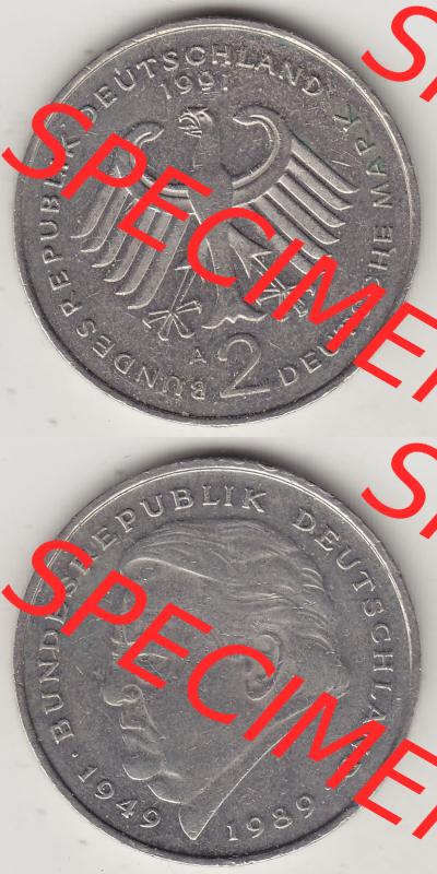 BRD Münzen 2 DM Gedenkmünze 1991-2001, 2 DM, Deutsche Mark Franz Josef Strauß 1991 A-1. Vorderseite und Rückseite auf einen digitalen Bild / Foto der Münze... Sammlung