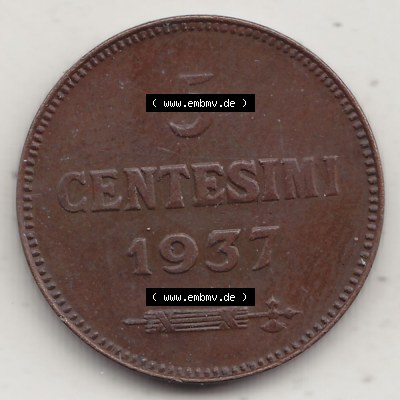 Bildmaterial Münzen aus San Marino vor 1950, 1935-1938, 5 Centesimi, Cent-Wert 1937-1, LIBERTAS REPUBBLICA DI S. MARINO, 5 CENTESIMI (2) Sammlung
