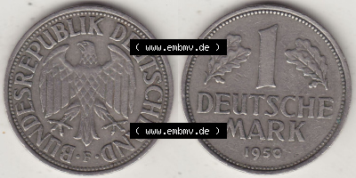 BRD Münzen 1 DM, Umlaufmünze 1950-2001, 1 DM Deutsche Mark, 1950 F-3. Vorderseite und Rückseite der Münze aus Deutschland Sammlung
