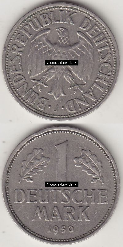 BRD Münzen 1 DM, Umlaufmünze 1950-2001, 1 DM Deutsche Mark, 1950 J-4. Vorderseite und Rückseite auf einen digitalen Bild /... Sammlung