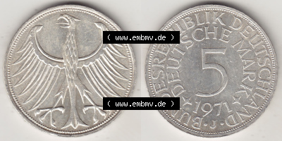 Münzen Deutsche Mark Silbermünze 1951-1974, 5 DM, 5 Deutsche Mark Silberadler, Heiermann 1971 J-1. Vorderseite und Rückseite... Sammlung