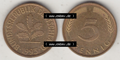 Münzen Deutschland 5 Pfennig-Deutsche Mark 1950-2001, 5 Pfennig, 1993 J-1 (3) Sammlung