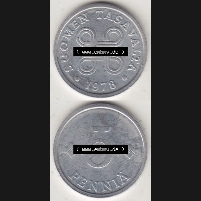 Münzen Finnland / SUOMI Eurovorläufer, Umlaufmünze vor Euroeinführung 1978-1978, Stempelglanz 1977-1990, 5 Penny, 1978-1. Rückseite und Vorderseite... Sammlung