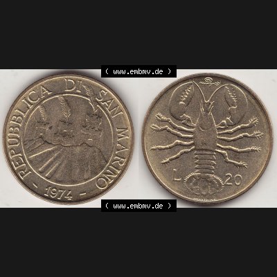 Aus offiziellen Münzensatz / KMS 1974 San Marino vor Euro 1974-1974, 20 Lire, L.20 MINGUZZI MONASSI INC. (3) Sammlung