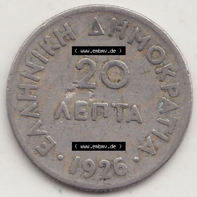 Münzen Griechenland Eurovorläufer, Umlaufmünze vor Euroeinführung 1926-1926, 20 Lepta Aenta 1926-1 (1) Sammlung