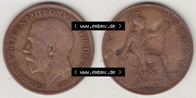 Münzen Großbritannien Eurovorläufer, Umlaufmünze vor Euroeinführung 1911-1926, 1 One Penny, 1921 (Stück 1), George V, B.M.... Sammlung