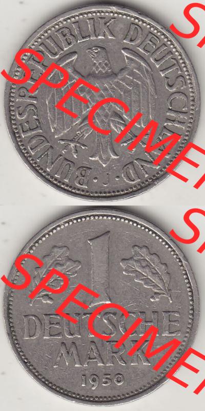 BRD Münzen 1 DM, Umlaufmünze 1950-2001, 1 DM Deutsche Mark, 1950 J-7. Vorderseite und Rückseite auf einen digitalen Bild / Foto der Münze aus Deutschland,... Sammlung