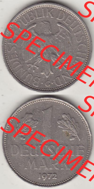 BRD Münzen 1 DM, Umlaufmünze 1950-2001, 1 DM Deutsche Mark, 1972 G-1. Vorderseite und Rückseite auf einen digitalen Bild / Foto der Münze aus Deutschland,... Sammlung