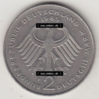 BRD Münzen 2 DM Gedenkmünze 1969-1987, 2 DM, Deutsche Mark Konrad Adenauer 1985-1 F. Vorderseite der Münze aus Deutschland Sammlung