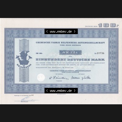 Alte Wertpapiere Bundesrepublik Deutschland in Deutsche Mark 1966, 100 DM, Einhundert Deutsche Mark, Aktie Chemische Fabrik Helpenberg Aktien-Gesellschaft (1) Sammlung