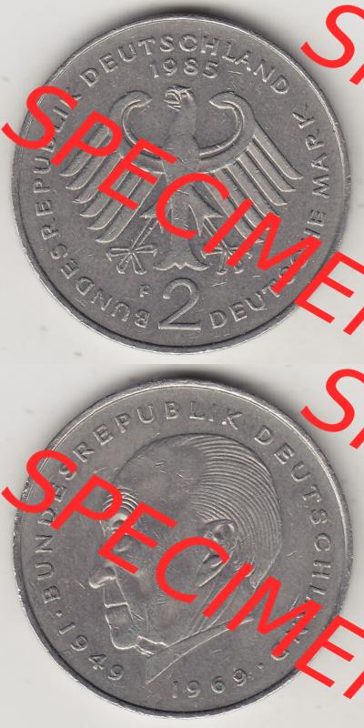 BRD Münzen 2 DM Gedenkmünze 1969-1987, 2 DM, Deutsche Mark Konrad Adenauer 1985-1 F. Vorderseite und Rückseite auf einen digitalen Bild / Foto der Münze aus Deutschland,... Sammlung