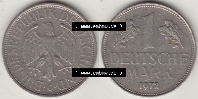 BRD Münzen 1 DM, Umlaufmünze 1950-2001, 1 DM Deutsche Mark, 1972 G-1. Vorderseite und Rückseite der Münze aus Deutschland Sammlung