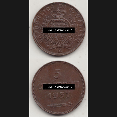 Bildmaterial Münzen aus San Marino vor 1950, 1935-1938, 5 Centesimi, Cent-Wert 1937-1, LIBERTAS REPUBBLICA DI S. MARINO, 5 CENTESIMI (4) Sammlung