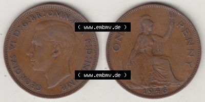 Münzen Großbritannien Eurovorläufer, Umlaufmünze vor Euroeinführung 1937-1948. 1 One Penny 1946 (Stück 1), George VI, GEORGIVS... Sammlung